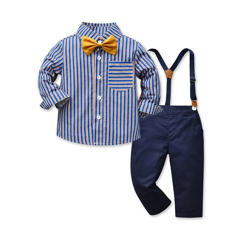 2 Pieces Set Baby Kid Boys Birthday Party Striped Bow Shirts And Solid Color Jumpsuits