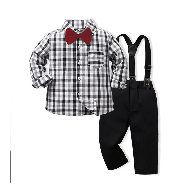 2 Pieces Set Baby Kid Boys Birthday Party Striped Bow Shirts And Solid Color Jumpsuits