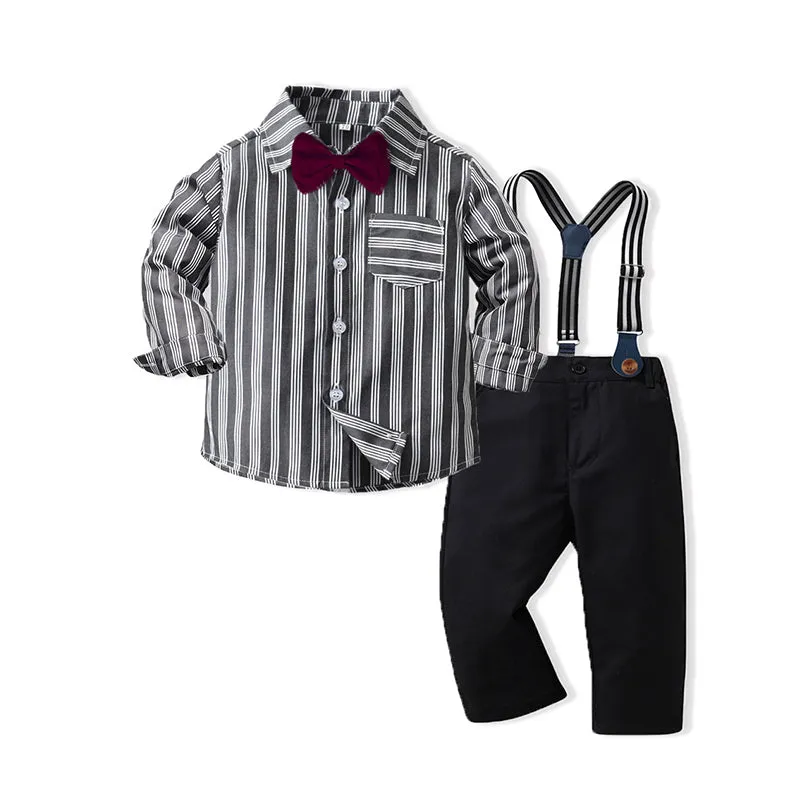 2 Pieces Set Baby Kid Boys Birthday Party Striped Bow Shirts And Solid Color Jumpsuits