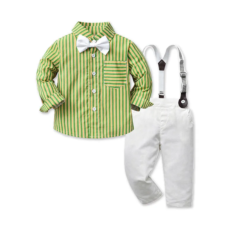 2 Pieces Set Baby Kid Boys Birthday Party Striped Bow Shirts And Solid Color Jumpsuits