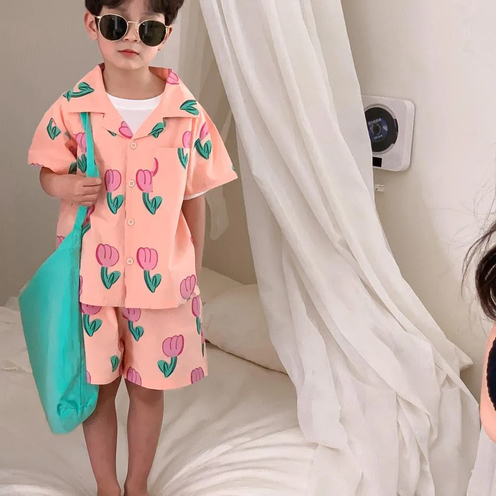 2 Pieces Set Baby Kid Boys Flower Print Shirts And Shorts