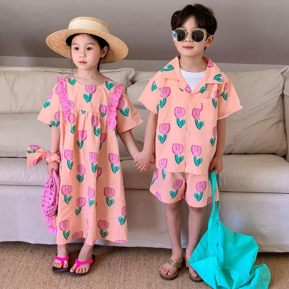 2 Pieces Set Baby Kid Boys Flower Print Shirts And Shorts