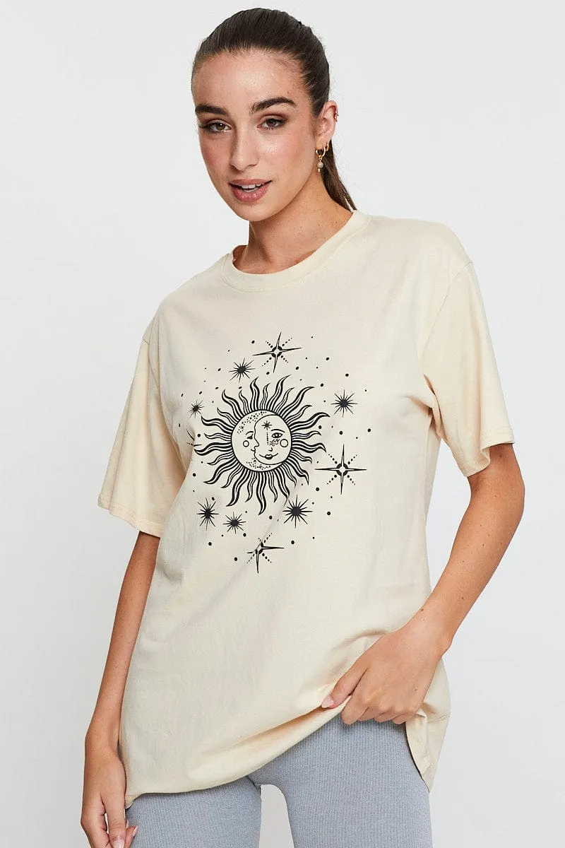 Beige Graphic T Shirt Short Sleeve