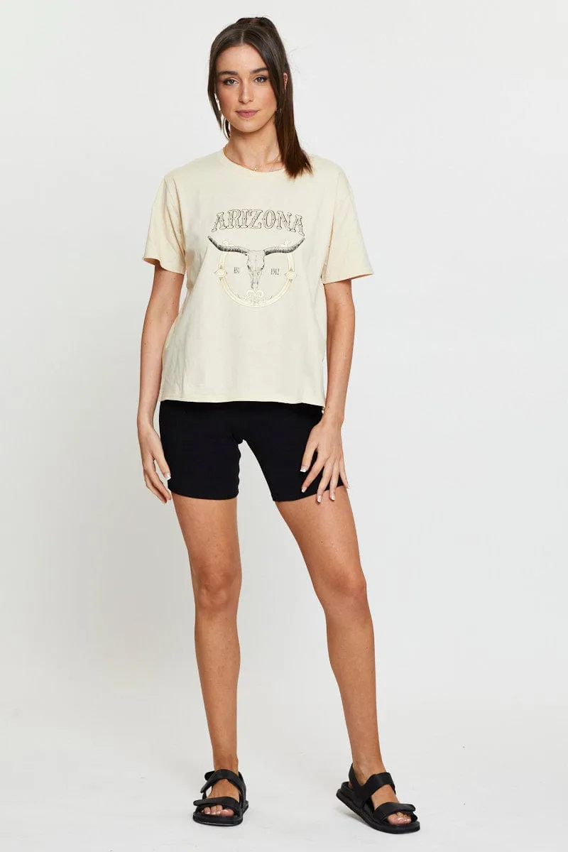 Beige Graphic T Shirt Short Sleeve