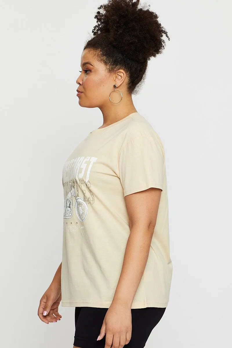 Beige Graphic T-Shirt West Coast Short Sleeve Cotton