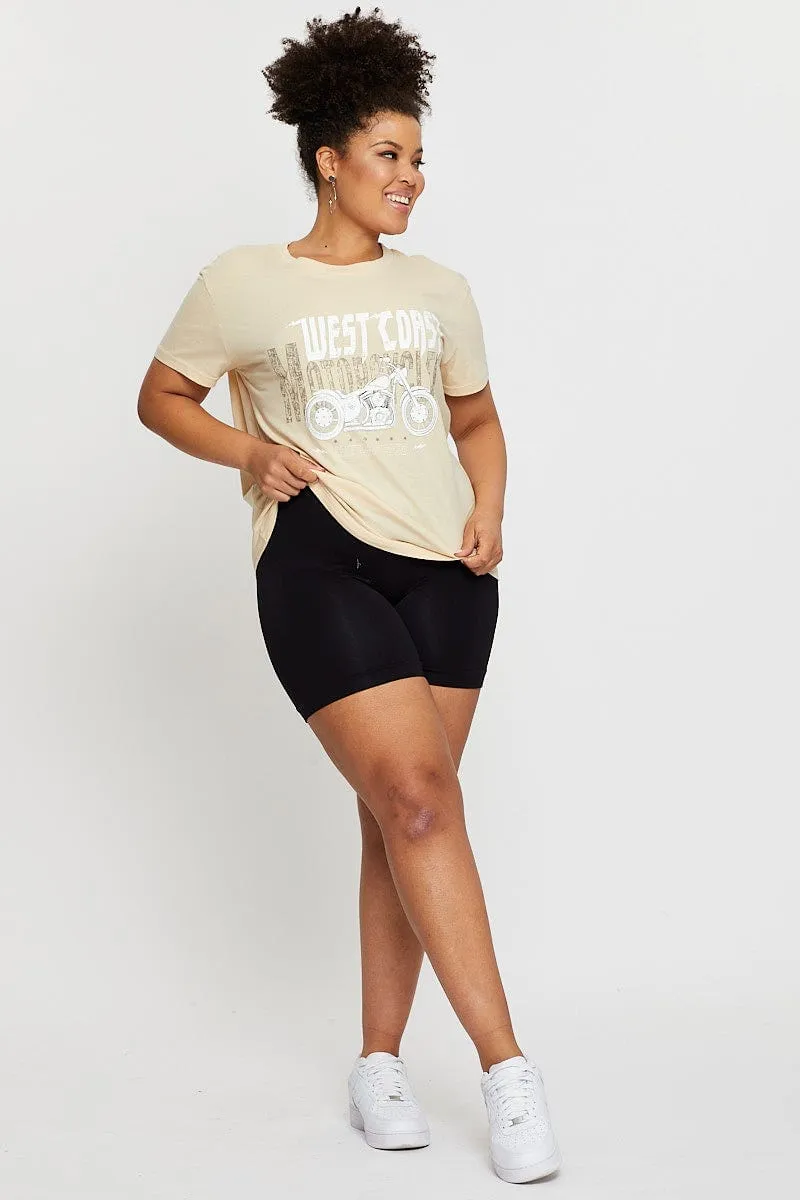 Beige Graphic T-Shirt West Coast Short Sleeve Cotton