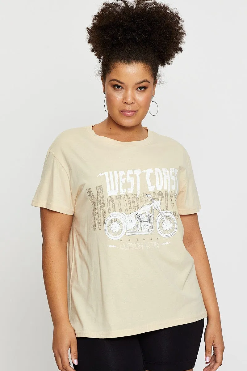 Beige Graphic T-Shirt West Coast Short Sleeve Cotton