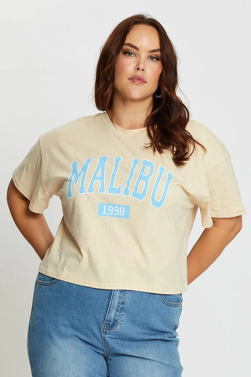 Beige Short Sleeve Malibu Semi Crop Sand T Shirt