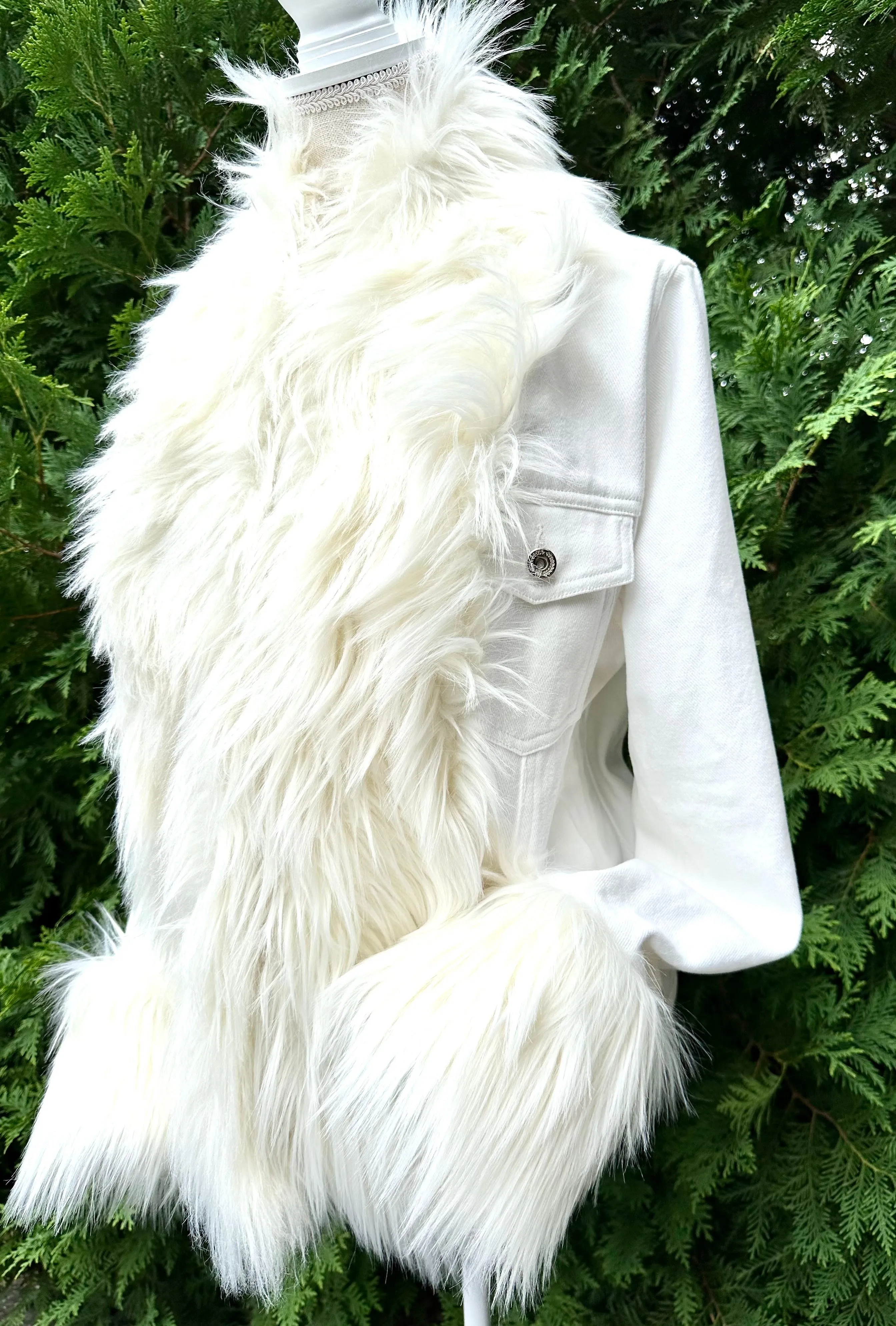 Belle White Shaggy Faux Fur White Denim Jacket