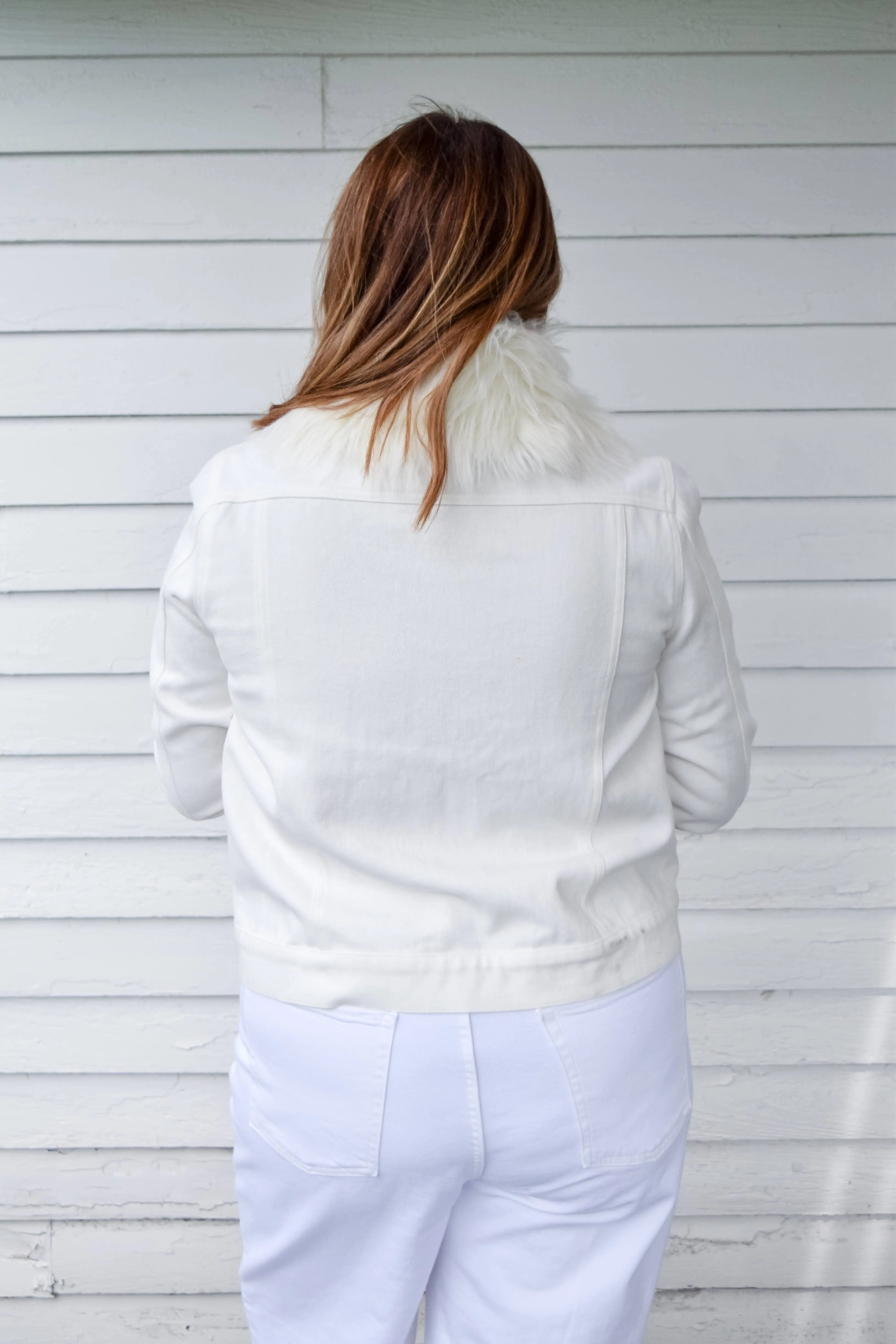 Belle White Shaggy Faux Fur White Denim Jacket