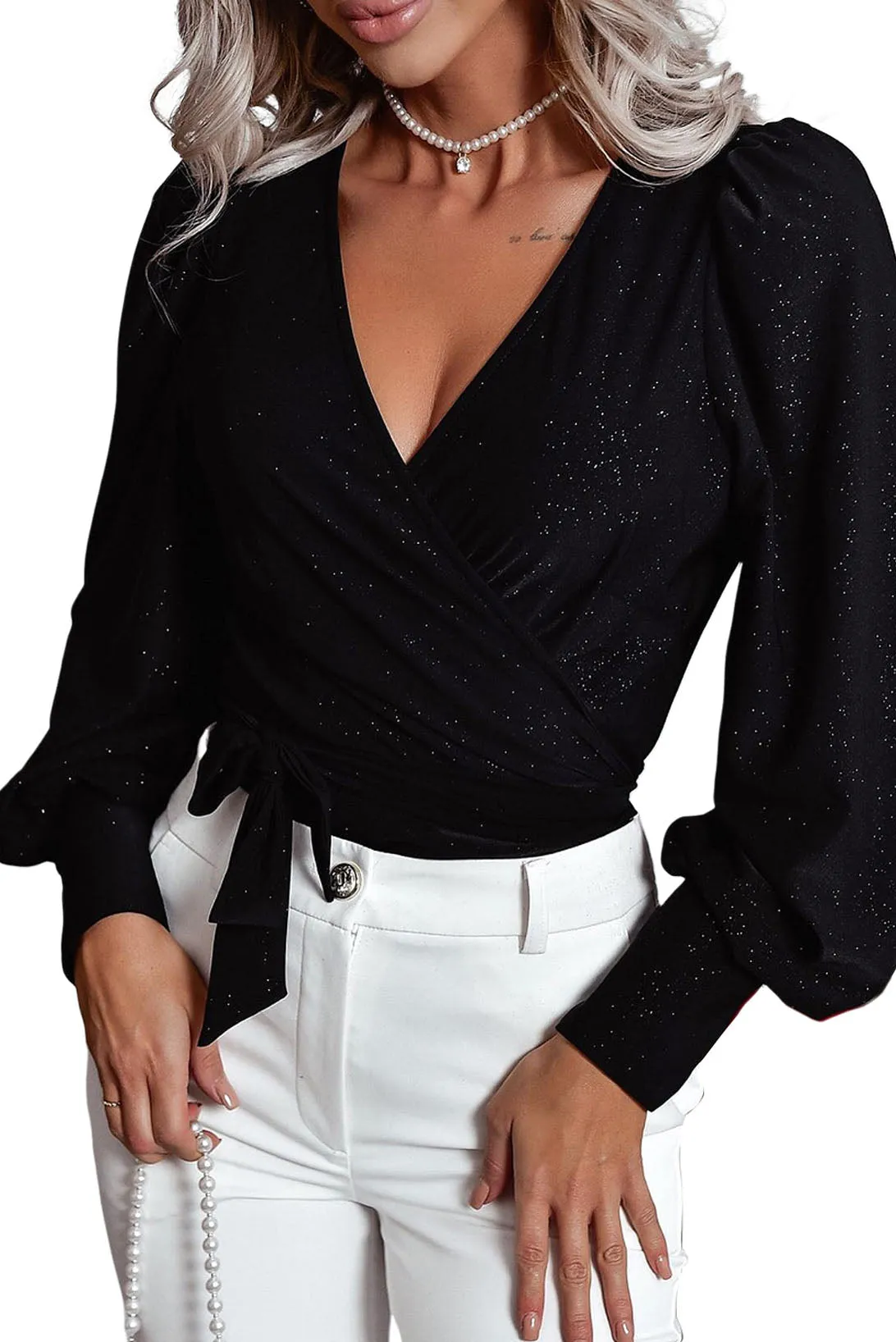 Black Glitter Wrap V Neck Tie Hem Puff Sleeve Blouse