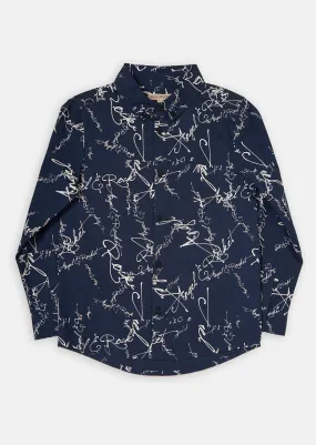 Boys Signature Printed Full Sleeves Cotton Navy Shirt