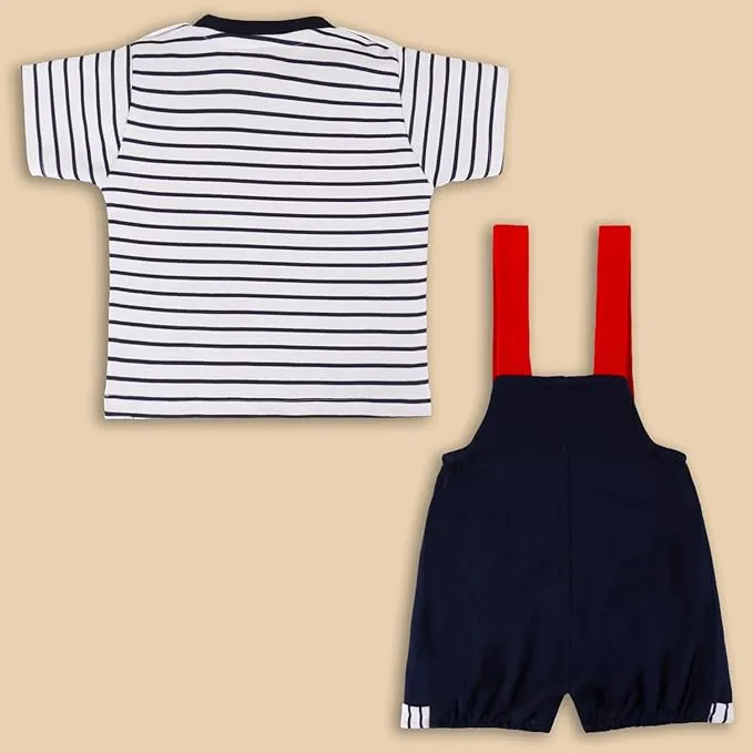 Boys Striped Printed Cotton Dungaree Set