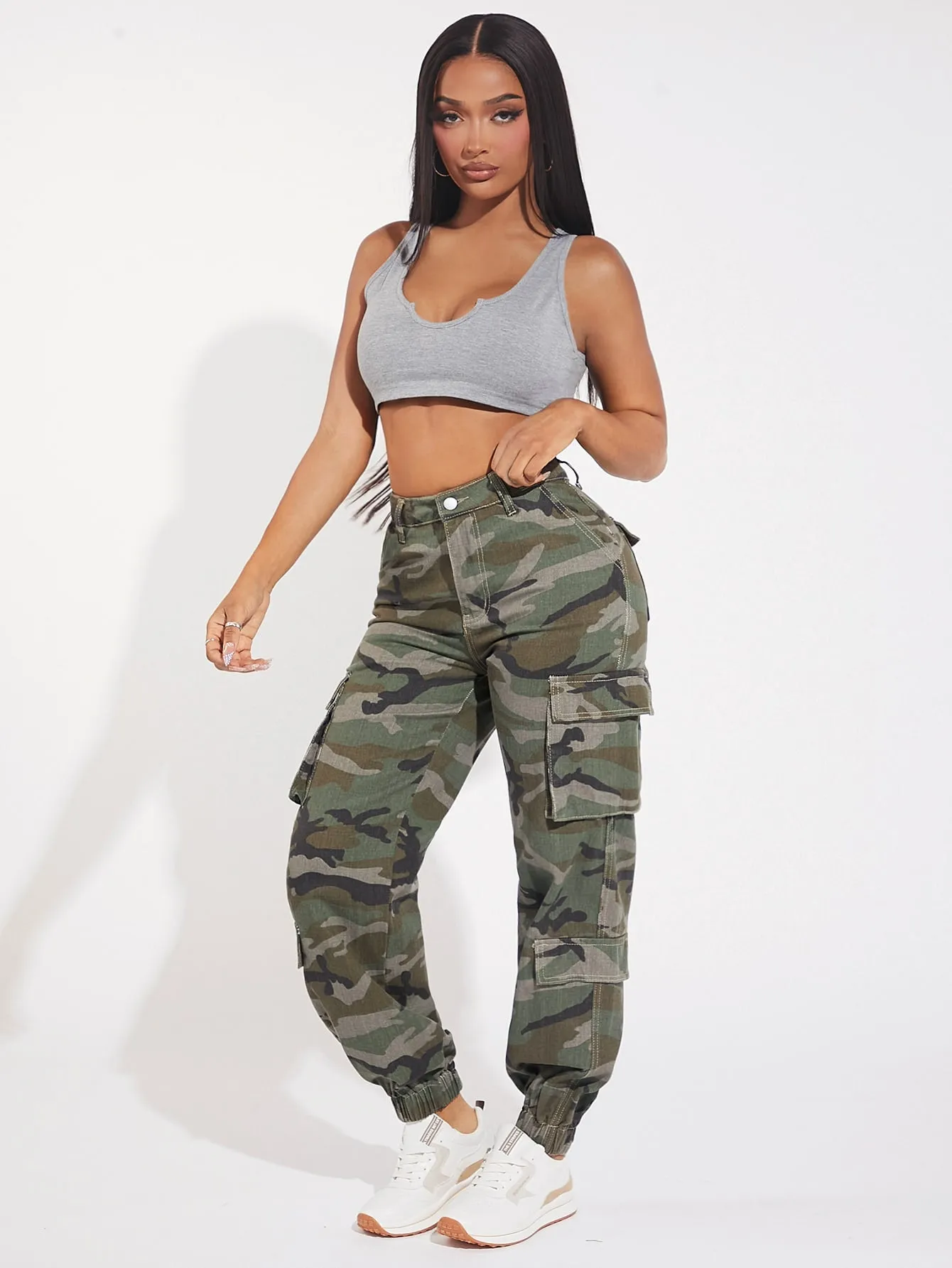 Camo Print Flap Pocket Side Cargo Jeans