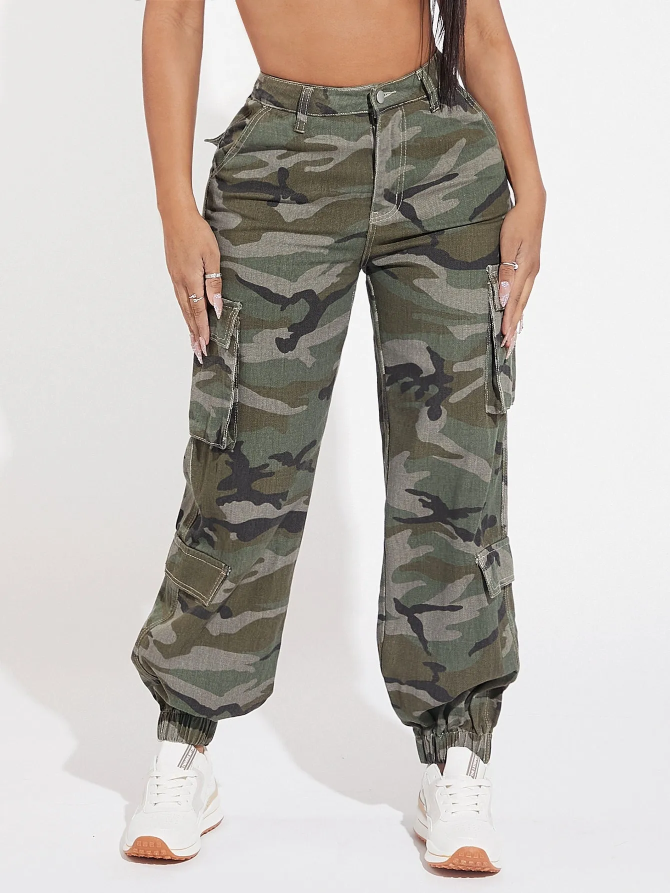 Camo Print Flap Pocket Side Cargo Jeans