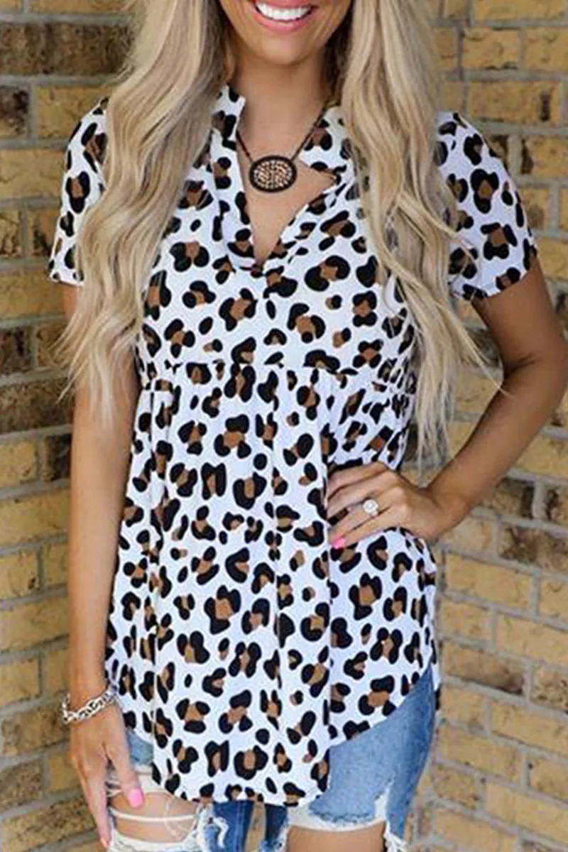 Casual Leopard Patchwork Turndown Collar T-Shirts