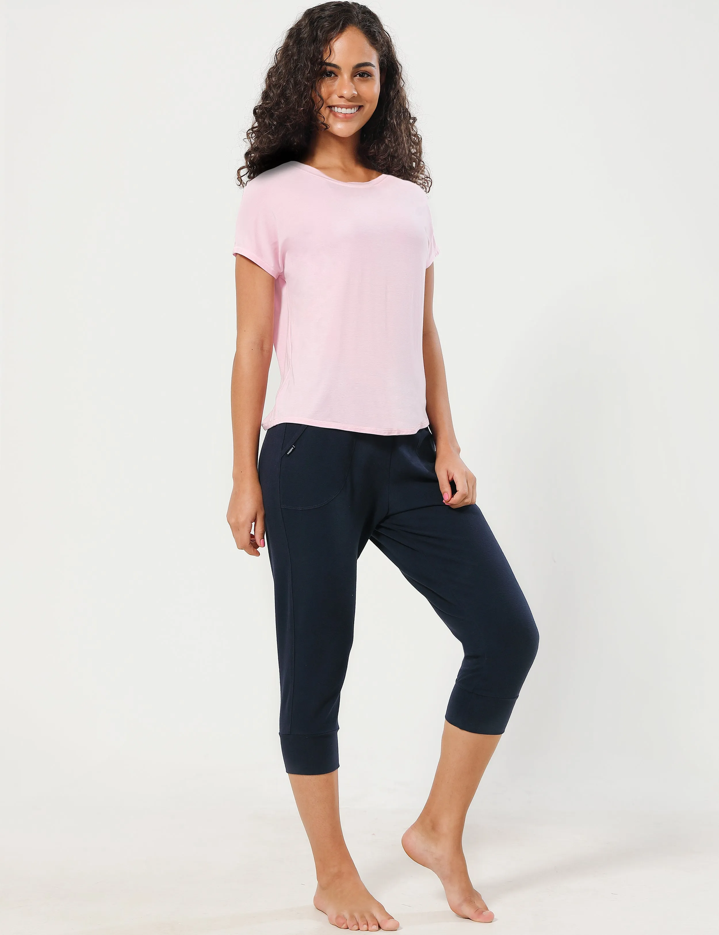 Hip Length Short Sleeve Shirt lightpink_yogastudio