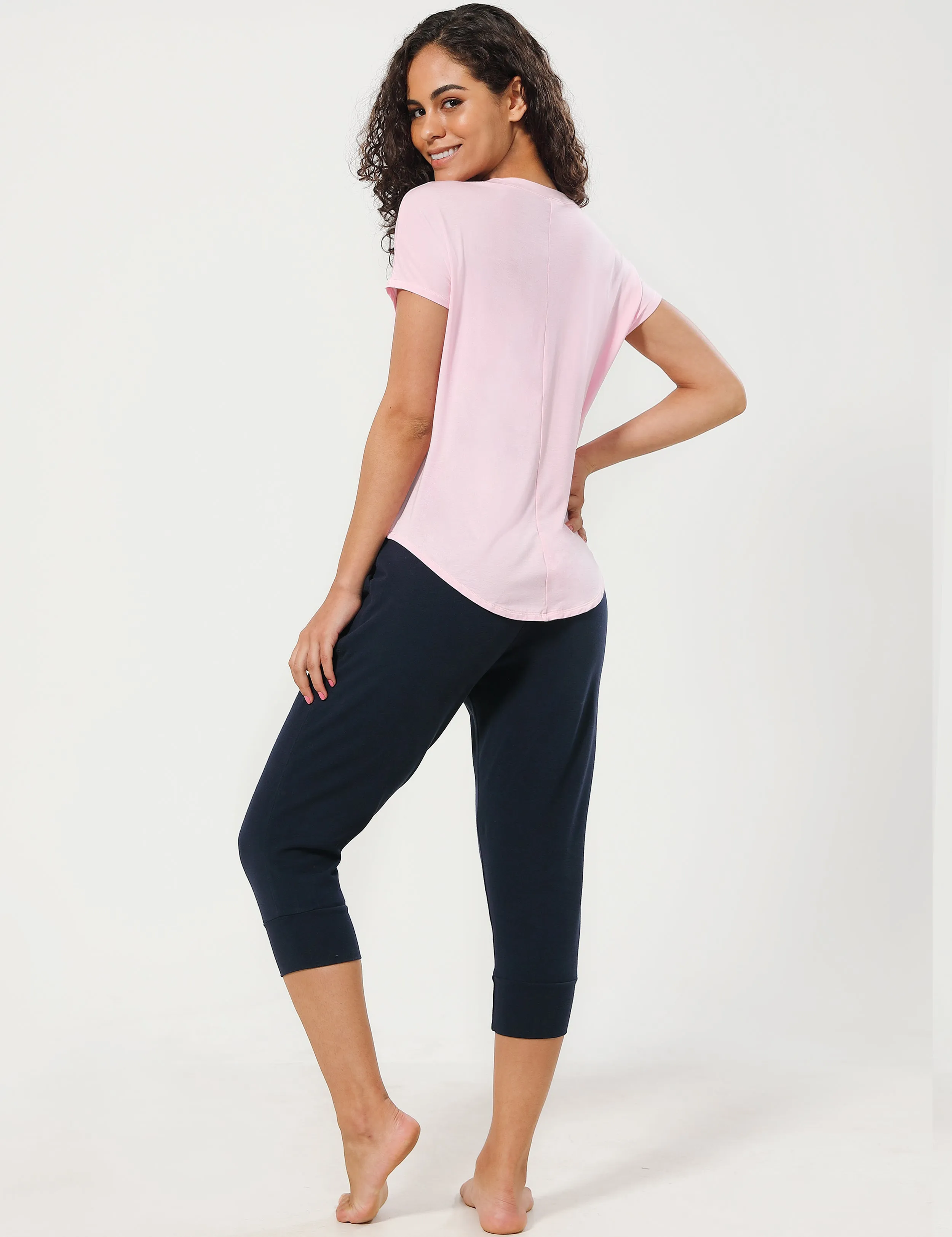 Hip Length Short Sleeve Shirt lightpink_yogastudio