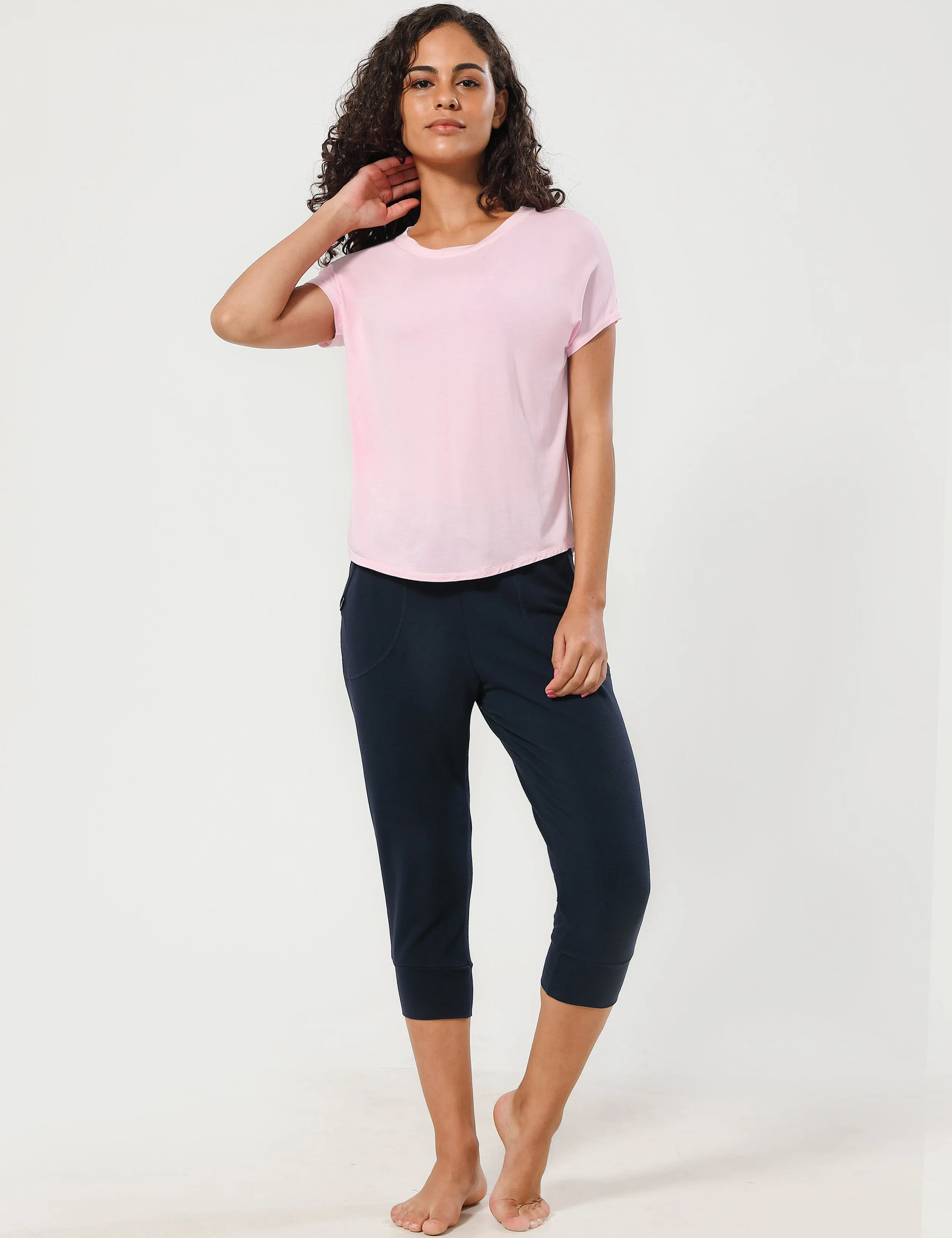 Hip Length Short Sleeve Shirt lightpink_yogastudio