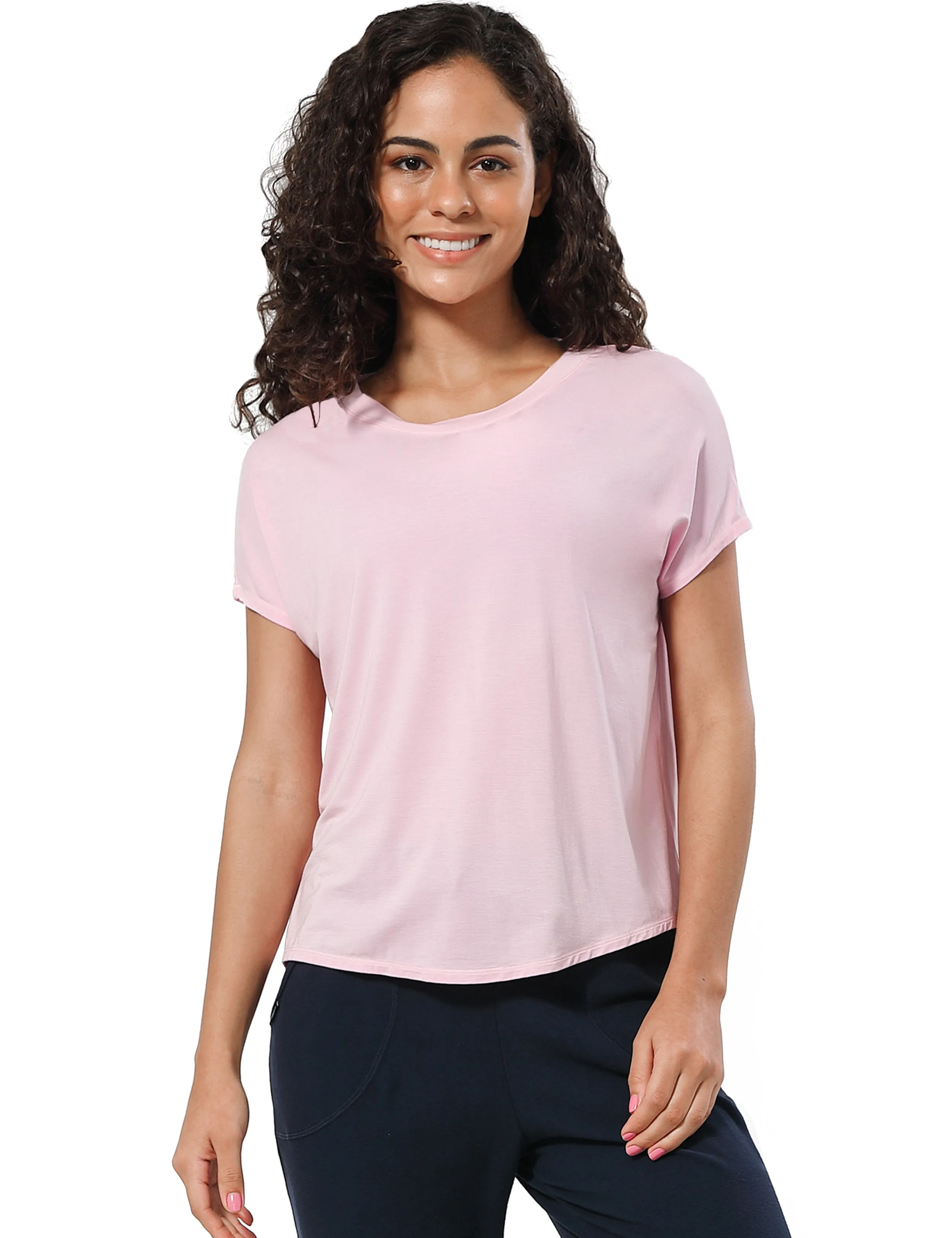 Hip Length Short Sleeve Shirt lightpink_yogastudio