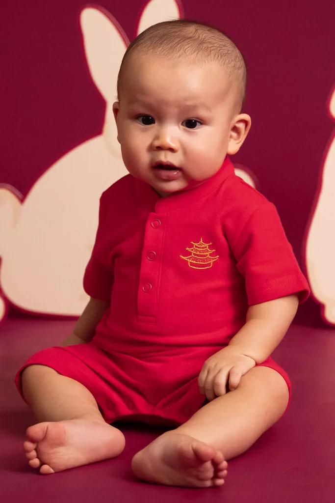 Mandarin-collared Polo Romper - Rose Pagoda