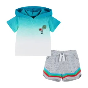 Ombre Palm Tree Print Hooded Tee & Short Set | Blue