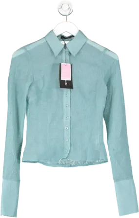 PrettyLittleThing Blue Sheer Textured Fitted Shirt UK 6