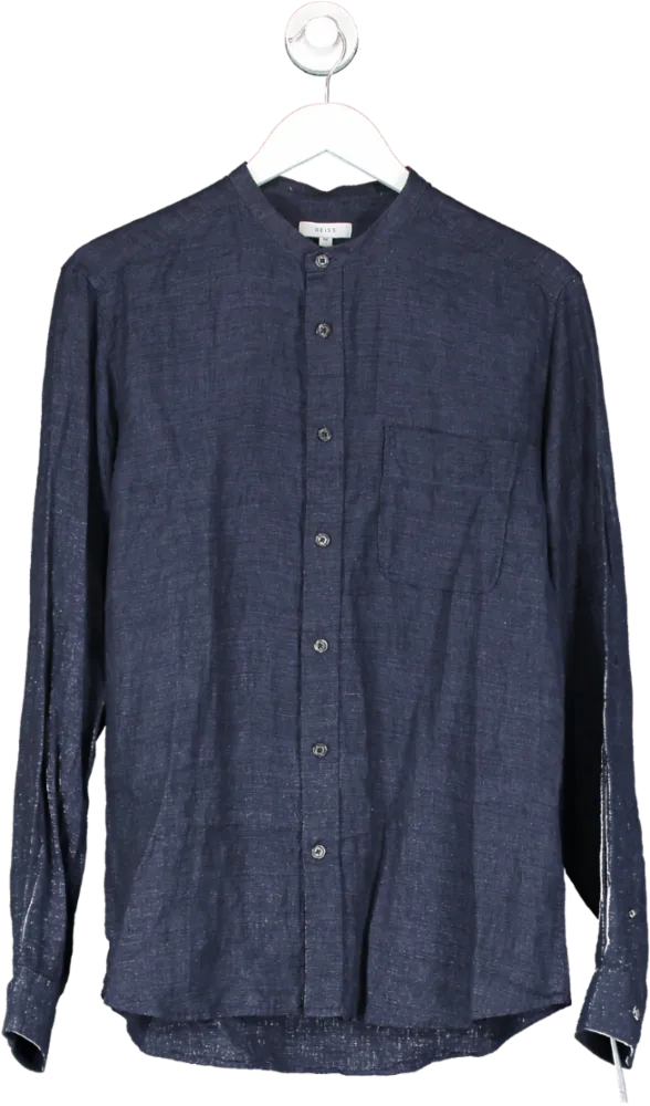 REISS Blue Ocean Linen Grandad Collar Shirt UK M