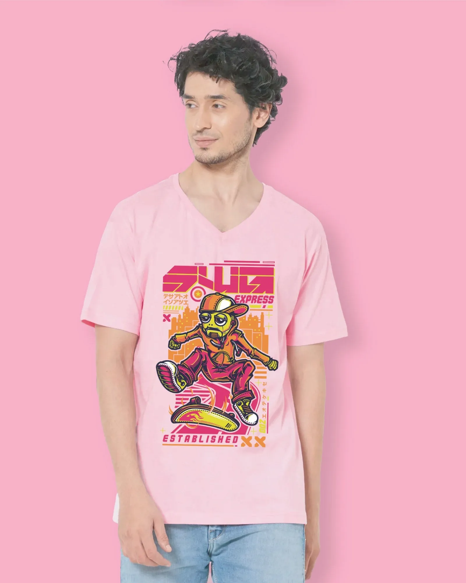 Robo Skater V Neck: Baby Pink