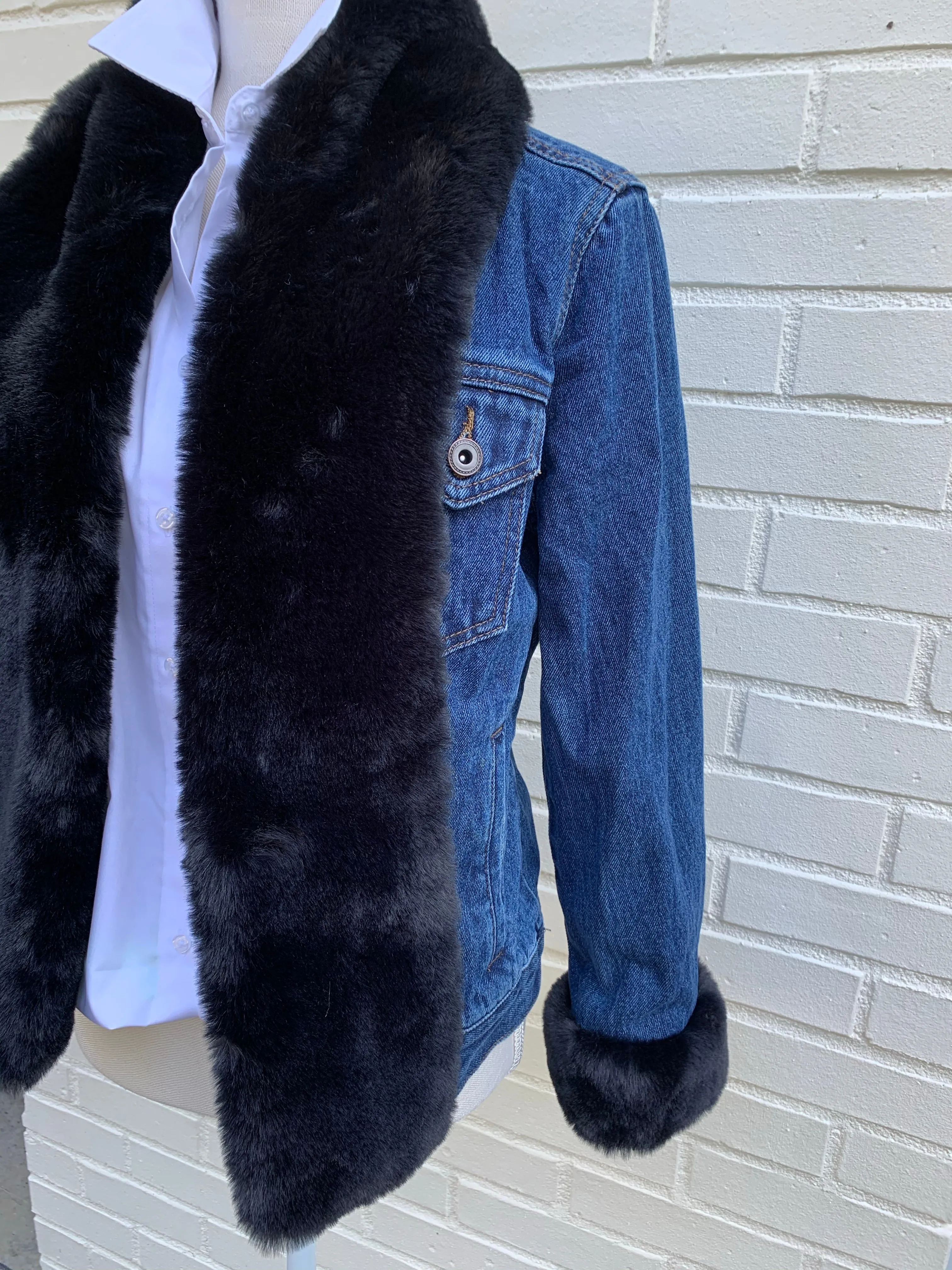 SALE - S ONLY - Belle Black Mink Faux Fur Denim Jacket *FINAL SALE*