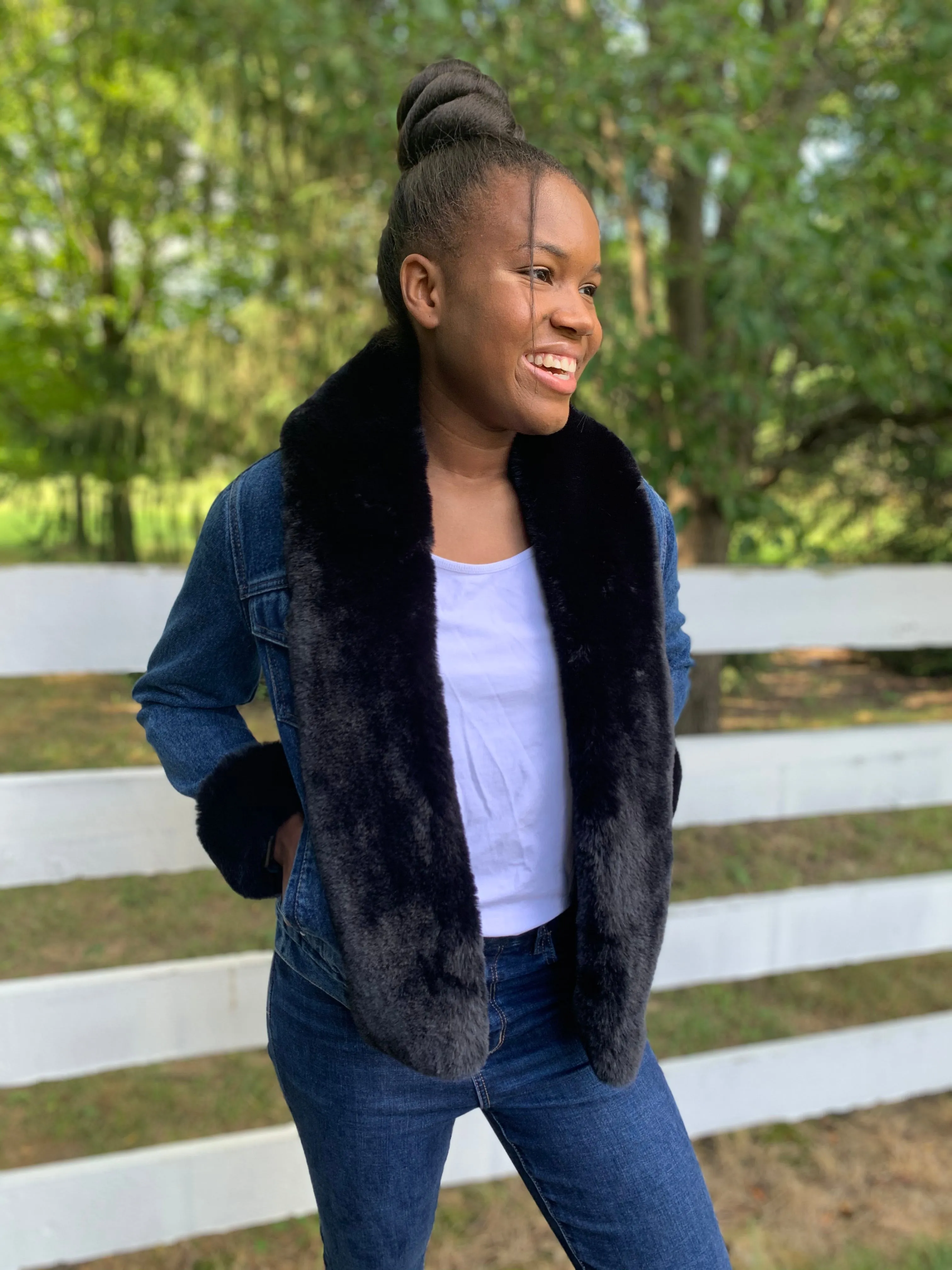 SALE - S ONLY - Belle Black Mink Faux Fur Denim Jacket *FINAL SALE*