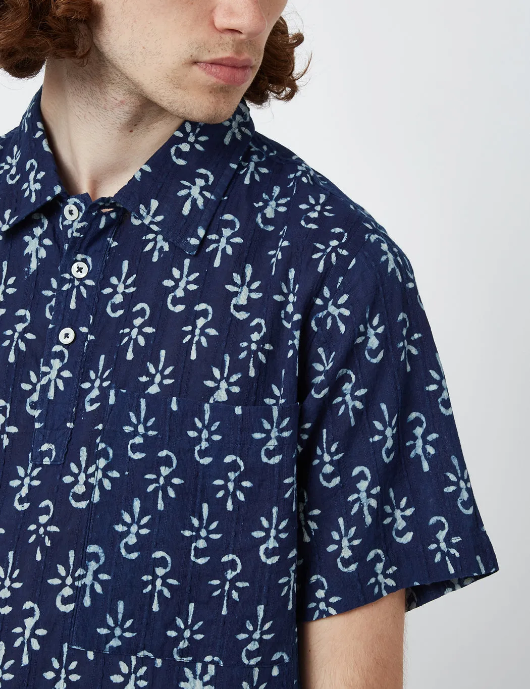 Universal Works Pullover Short Sleeve Shirt (Flower Print) - Indigo Blue