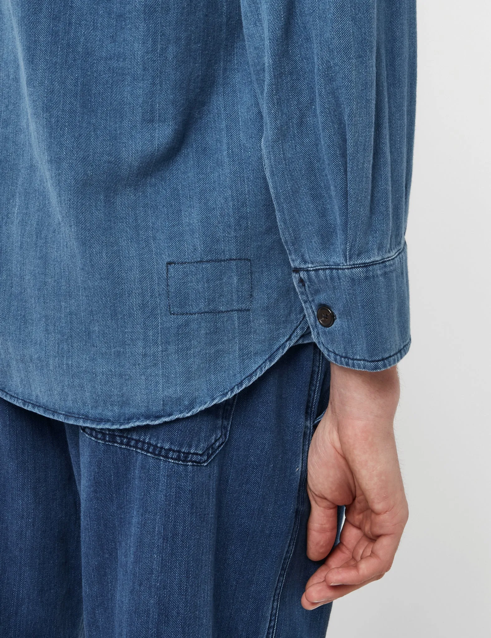 Faded Indigo Blue Universal Works Travail Shirt in Herringbone Denim