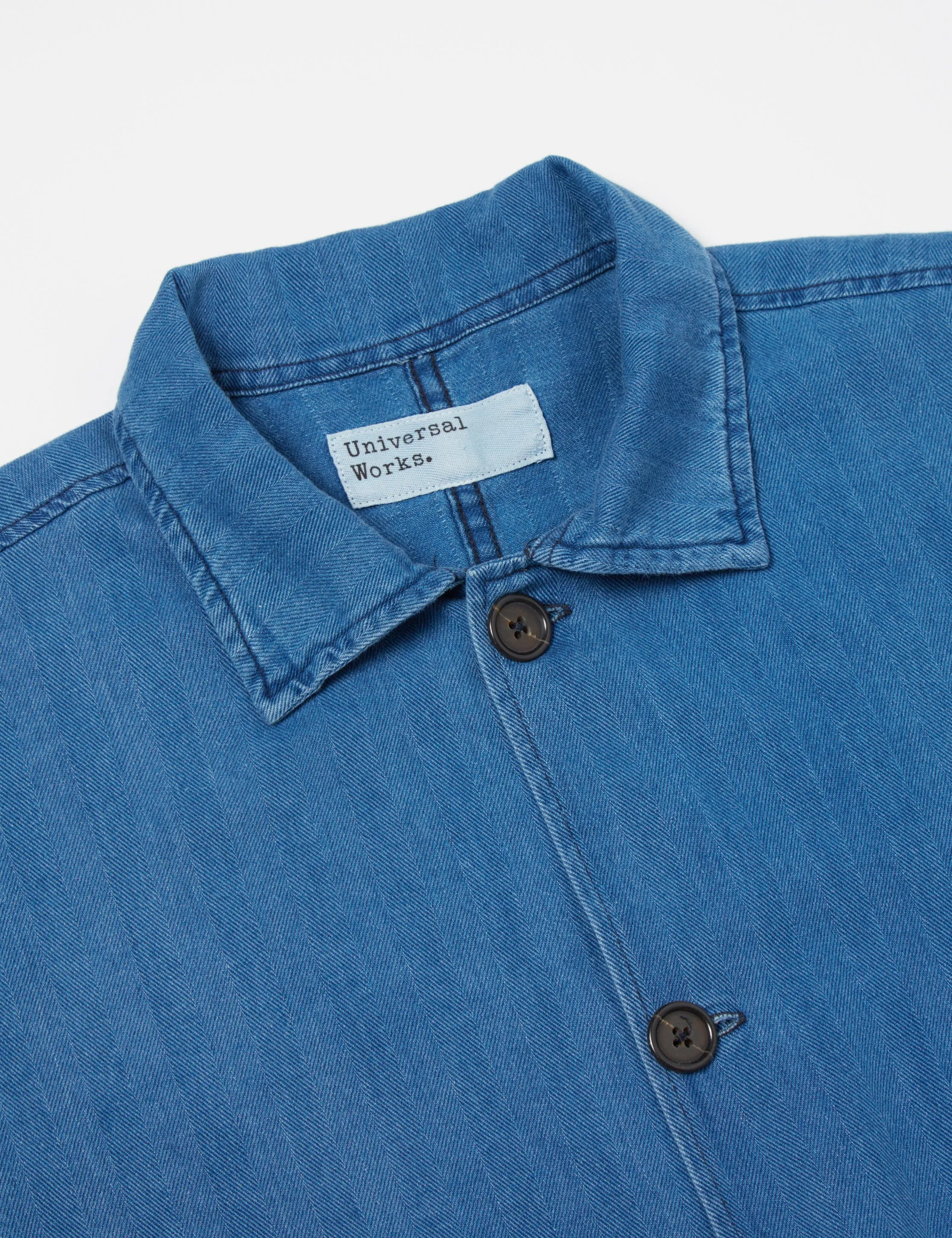 Faded Indigo Blue Universal Works Travail Shirt in Herringbone Denim