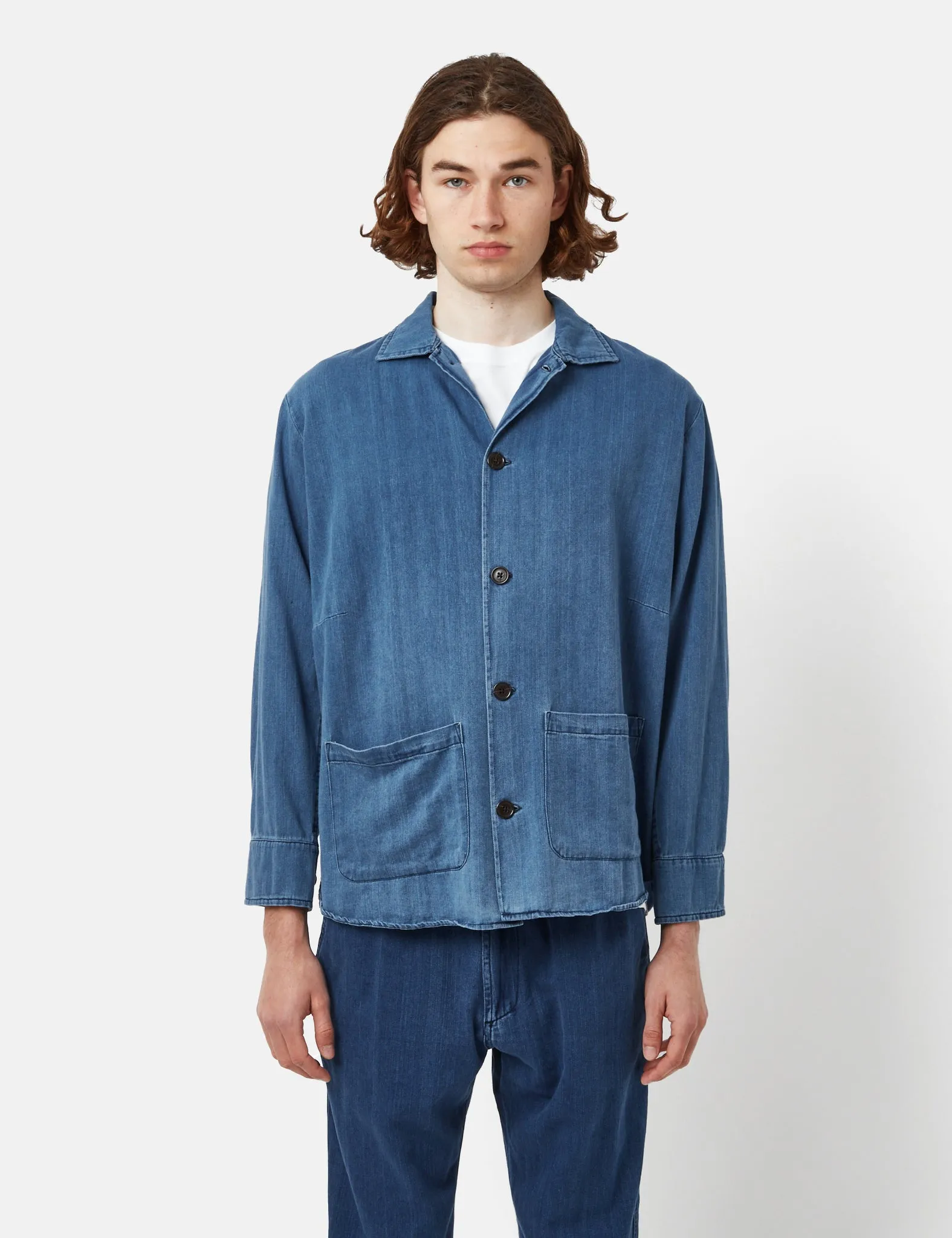 Faded Indigo Blue Universal Works Travail Shirt in Herringbone Denim