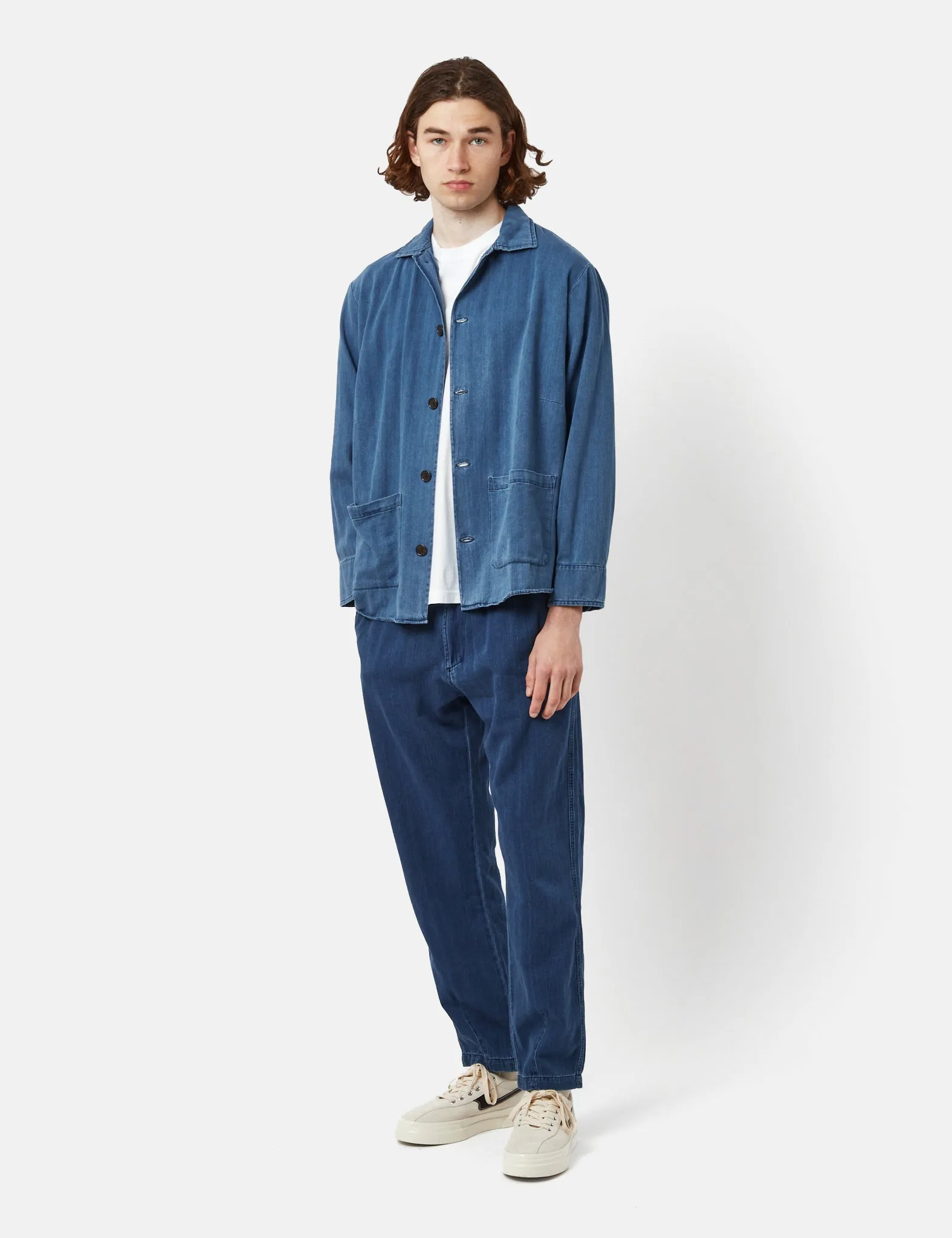 Faded Indigo Blue Universal Works Travail Shirt in Herringbone Denim