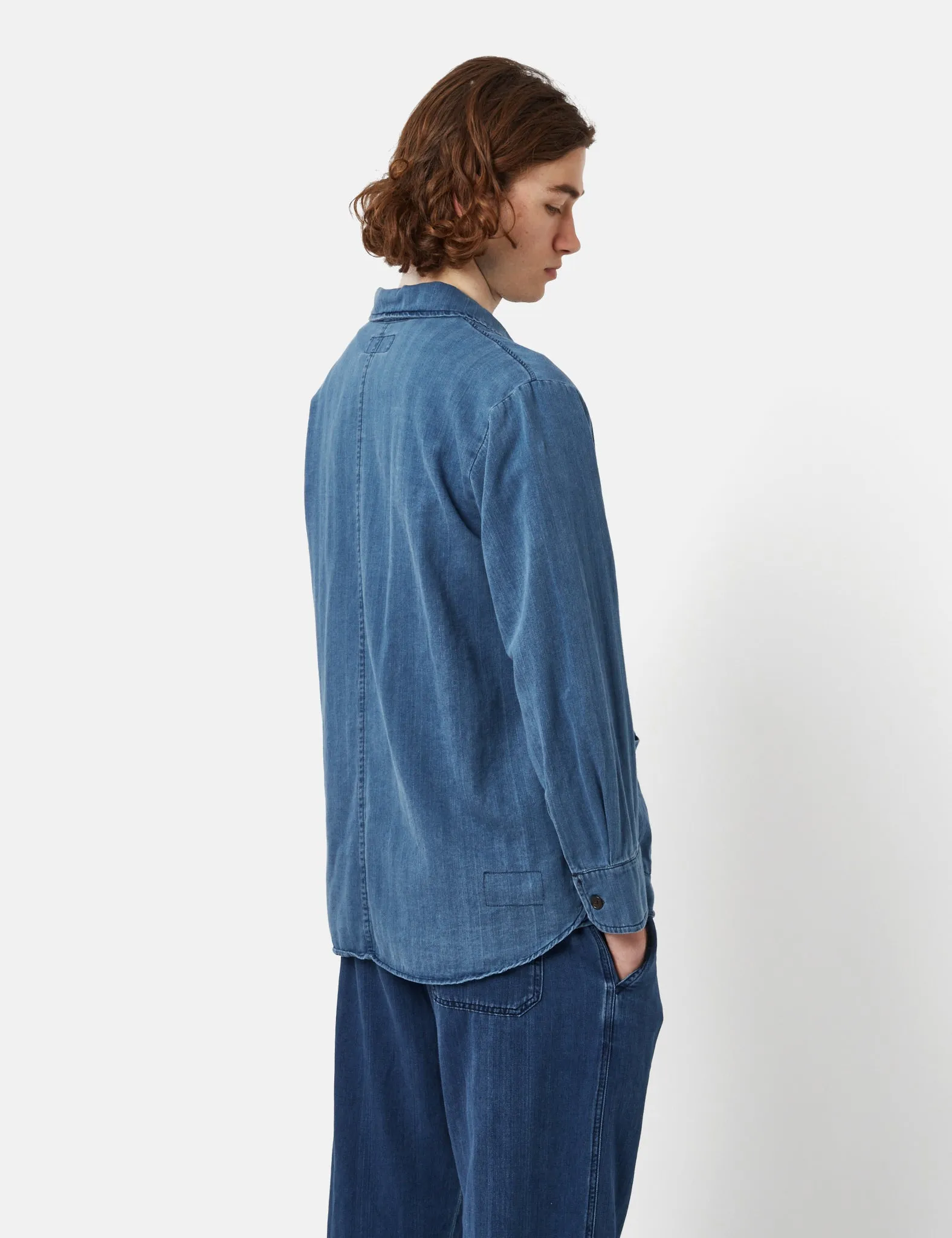 Faded Indigo Blue Universal Works Travail Shirt in Herringbone Denim