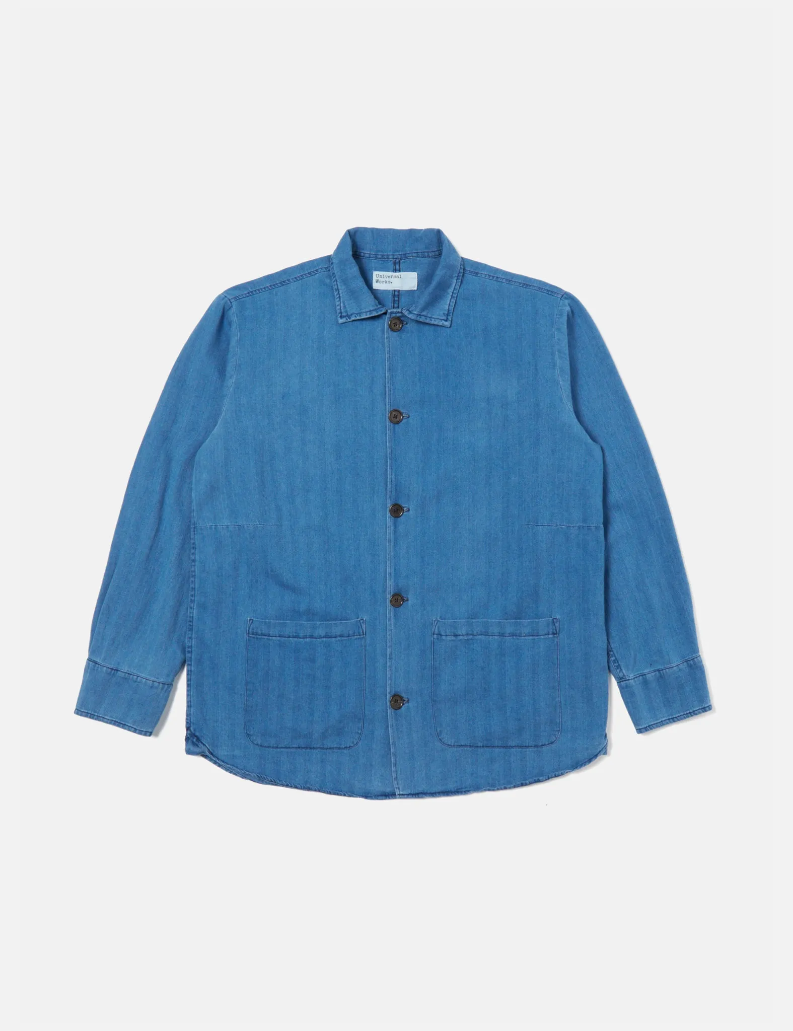 Faded Indigo Blue Universal Works Travail Shirt in Herringbone Denim