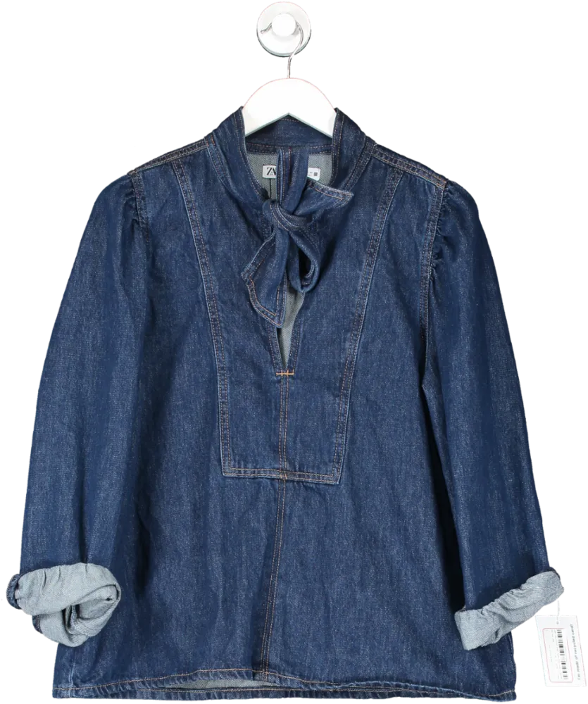 ZARA Blue Tie Neck Denim Shirt UK L